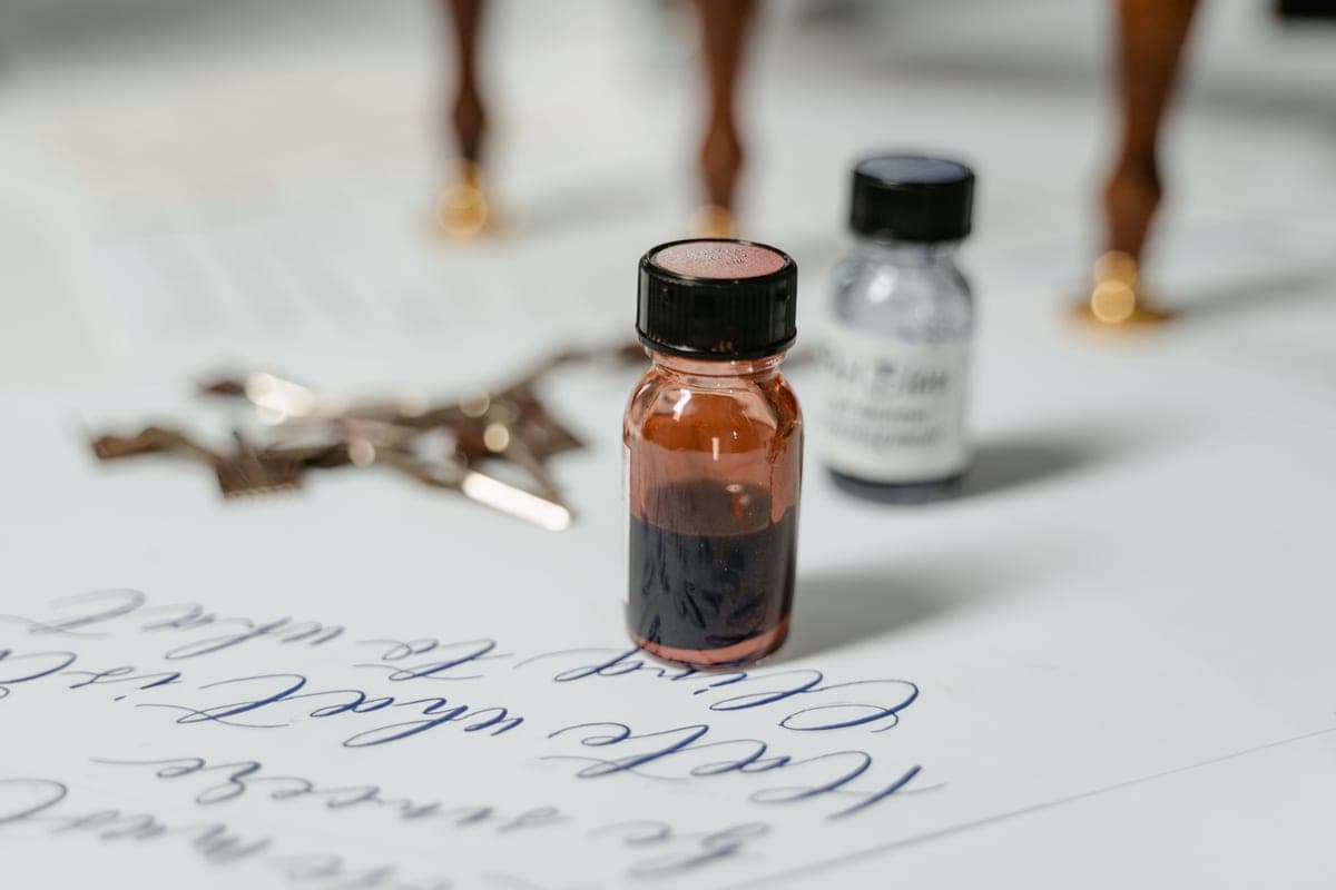 A bottle of blue ink beside handwriting on paper